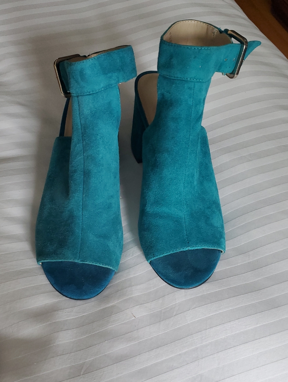 Nine West Teal Suede Open-Toe Block Heels with Ankle Buckle